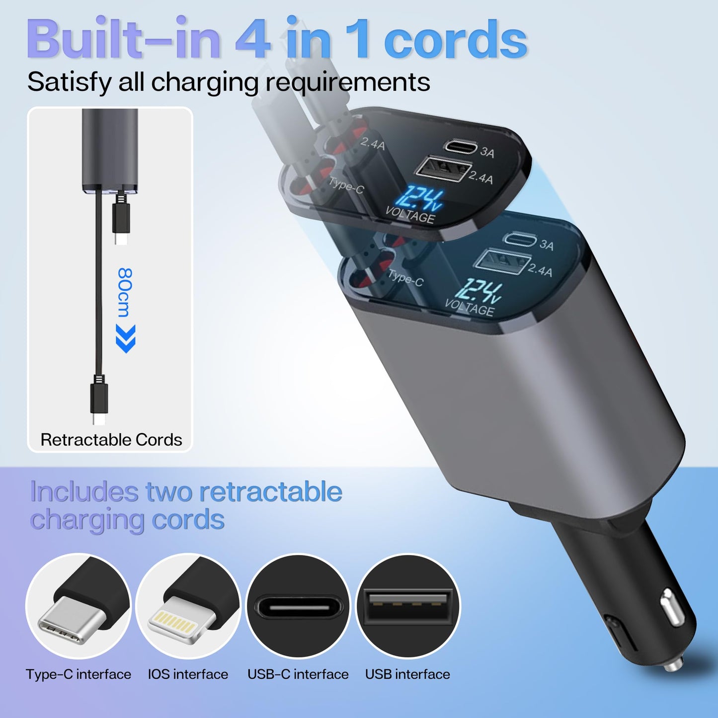 120W 4 in 1 Retractable Car Charger